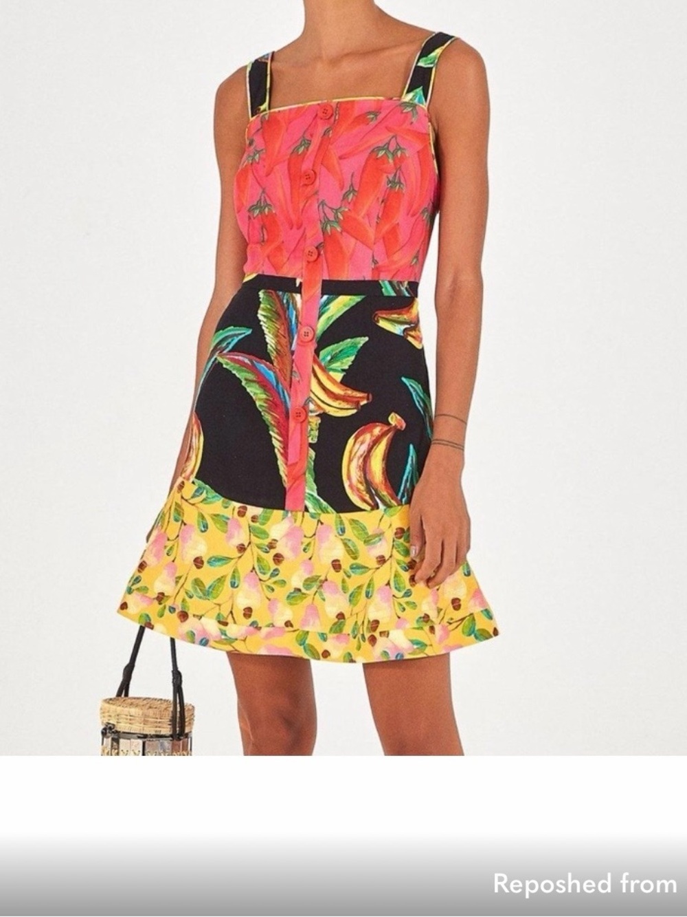 Floral & Fruit Print Colorblock Mini Skirt - Pink, Black, Yellow, pre-owned,SZ M